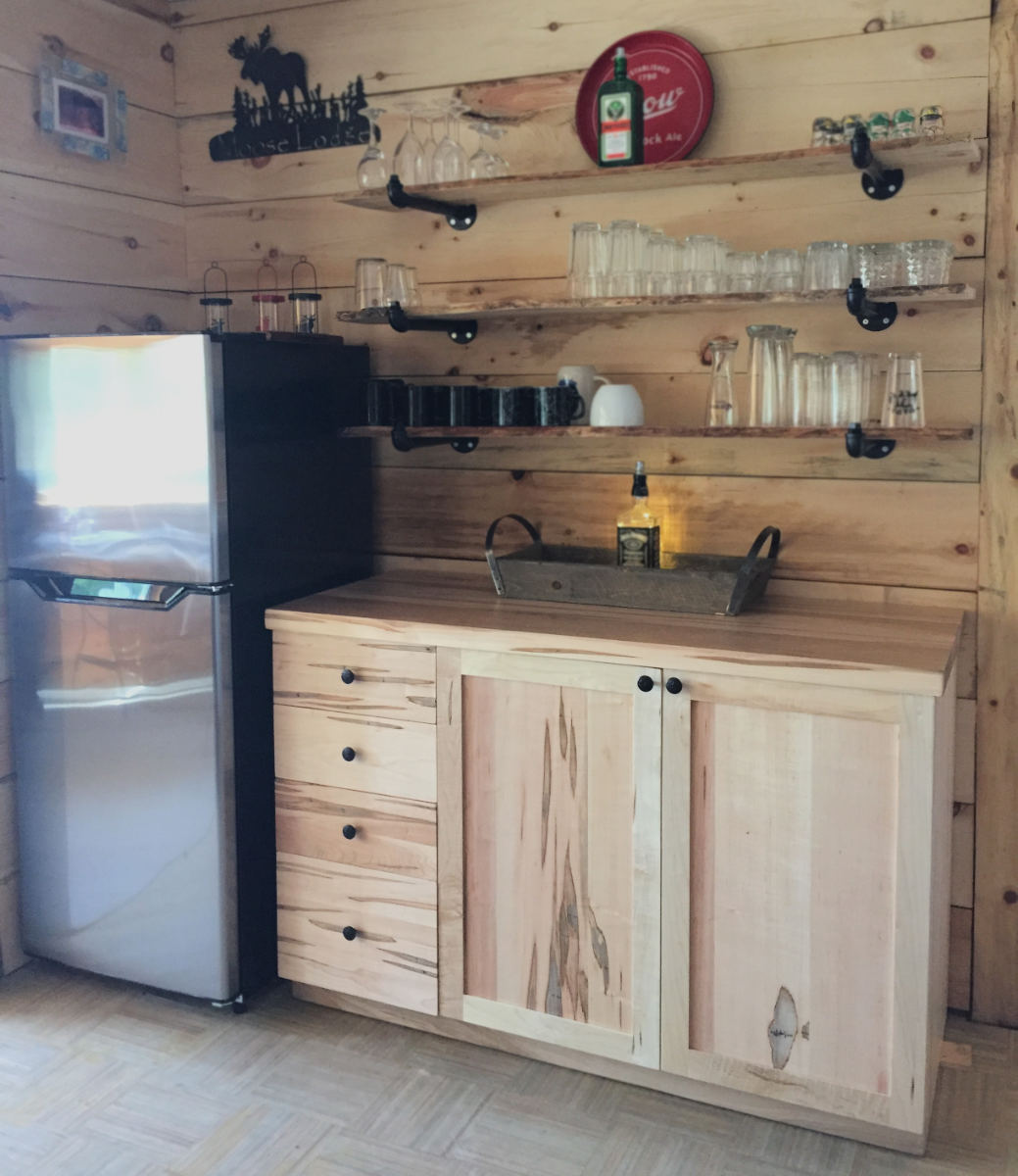 Solid wormy maple kitchen cupboard set